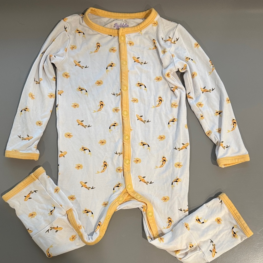 Koi Print Footed One-Piece in White with Yellow Trim